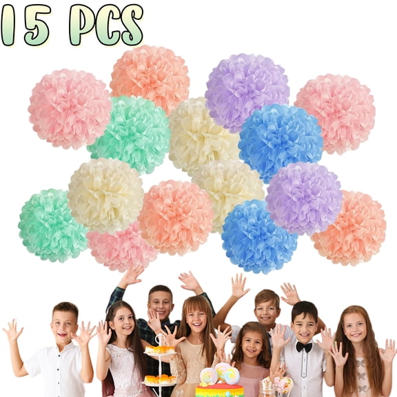 Qianfeng Paper Pastel Hanging Pom Poms Colorful Party Decorations for Birthday Wedding, 15 Pcs