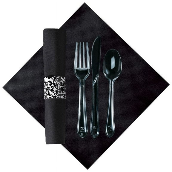 Caterwrap Black Linen Like Napkin Pre Rolled Clear Cutlery 50 Rolls Per Box