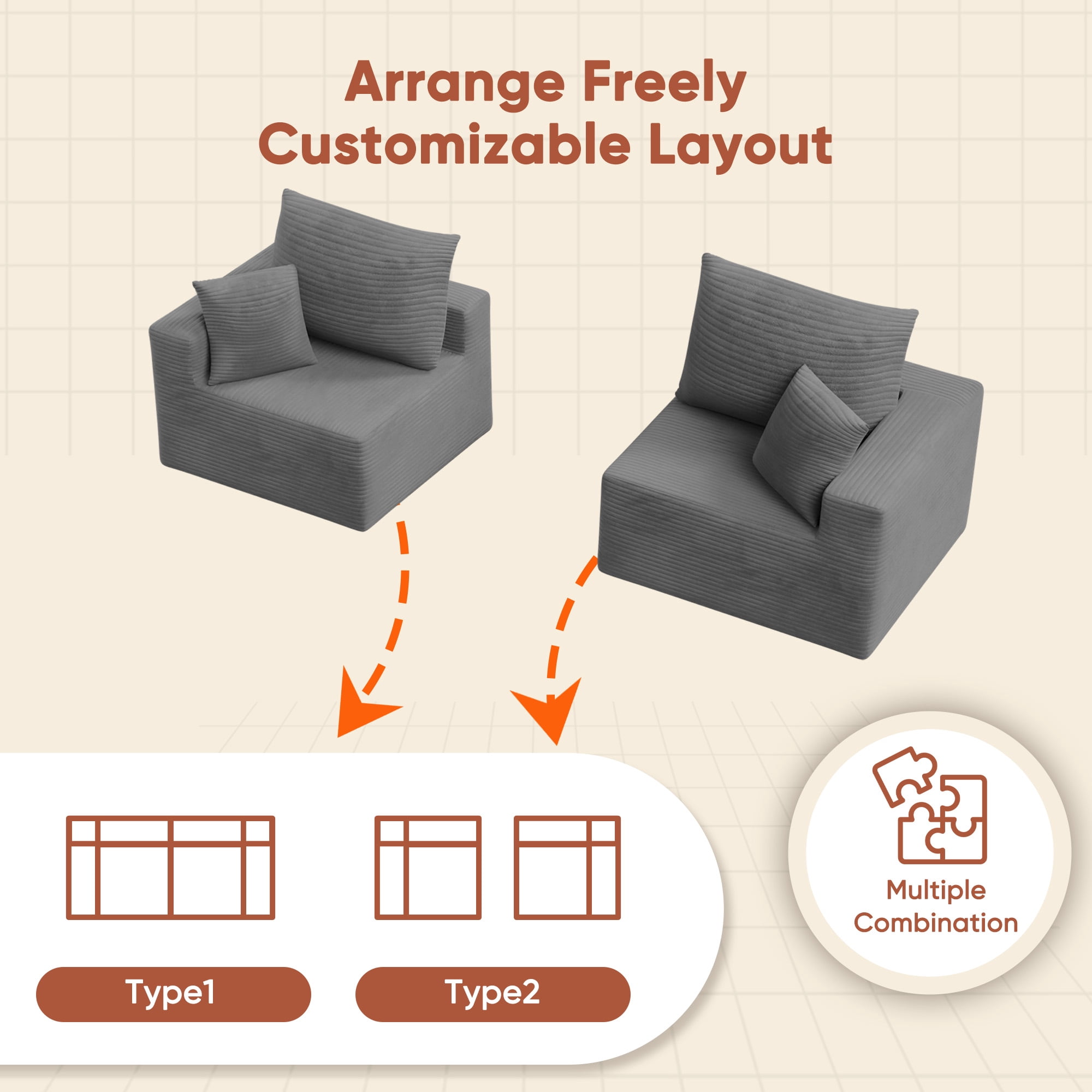 Homall 2-Seat Modular Corduroy Sofa, Sectional Couch with Convertible Modules, Modern Minimalist Sofa Set for Living Room, Freely Combinable Sofa Furniture, Grey