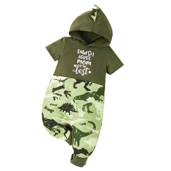 Newborn Baby BOYs Clothes Green Hooded Short Sleeve Panel Dinosaur Print Jumpsuits 0-18M Romper