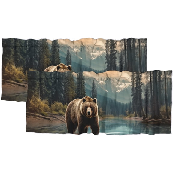 Bear Valance Curtain Cabin Rustic Village River Mountain Forest Nature Scenic Rod Pocket Decoration Window Valance Curtains 54x18inch(2Pcs)