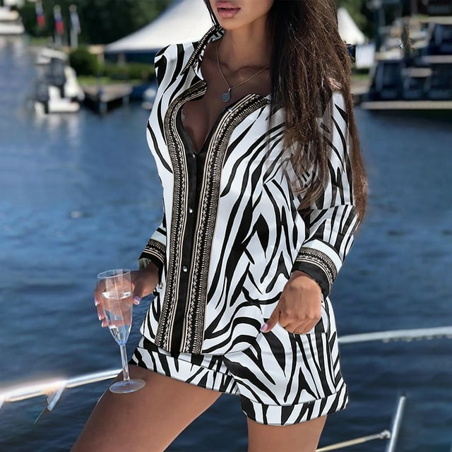 CEHVOM Women Two Piece Shorts Long Sleeve Cardigan Buttoned Top Floral Printed Sets