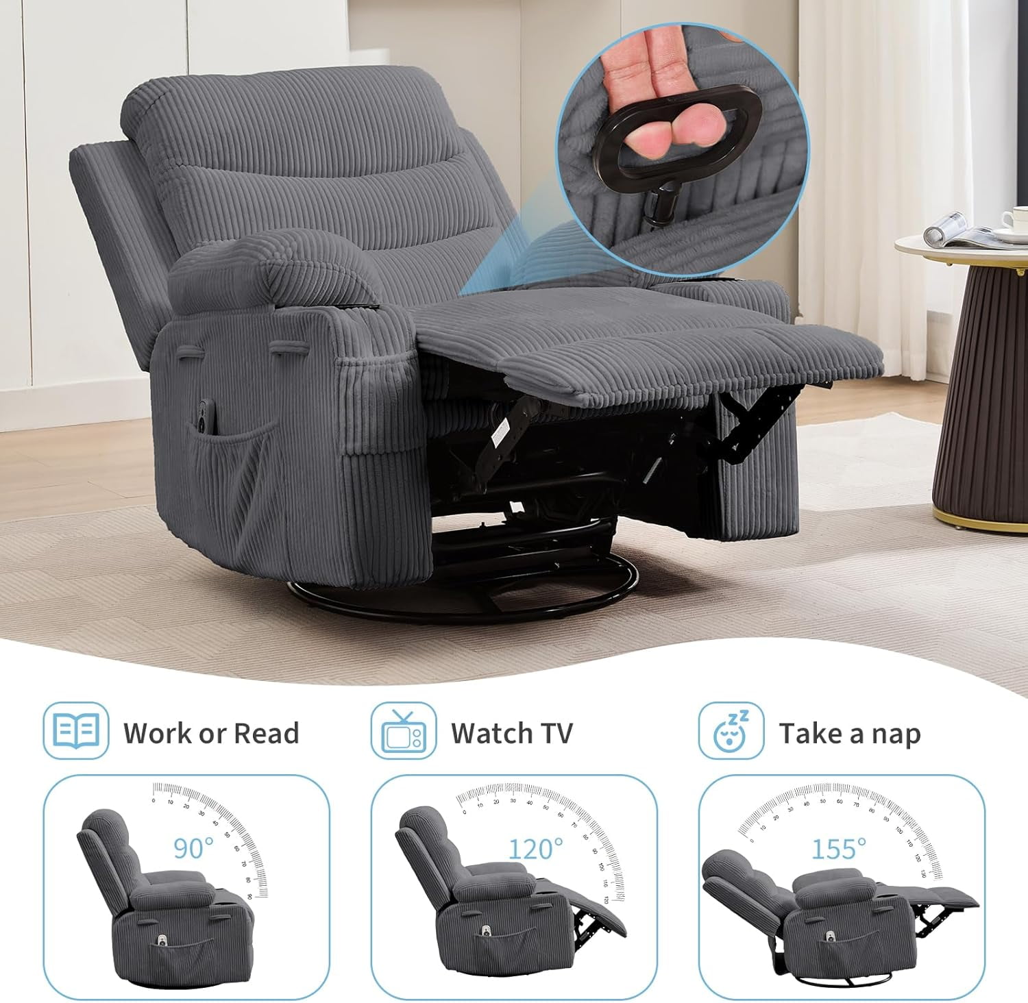Recliner Chair Nursery, Oversized Manual Reclining Rocking Chair, Corduroy 360 Swivel Glider with Cup Holder, Massage and Heat Recliner, Small Sofa Chairs for Adults, Living Room,（Corduroy，Gray）