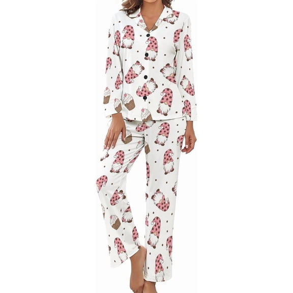 Top-kevin Women's Pajama Sets Cute Gnomes Cupcakes Long Sleeve Lounge Sets Pjs Sleepwear with Pockets