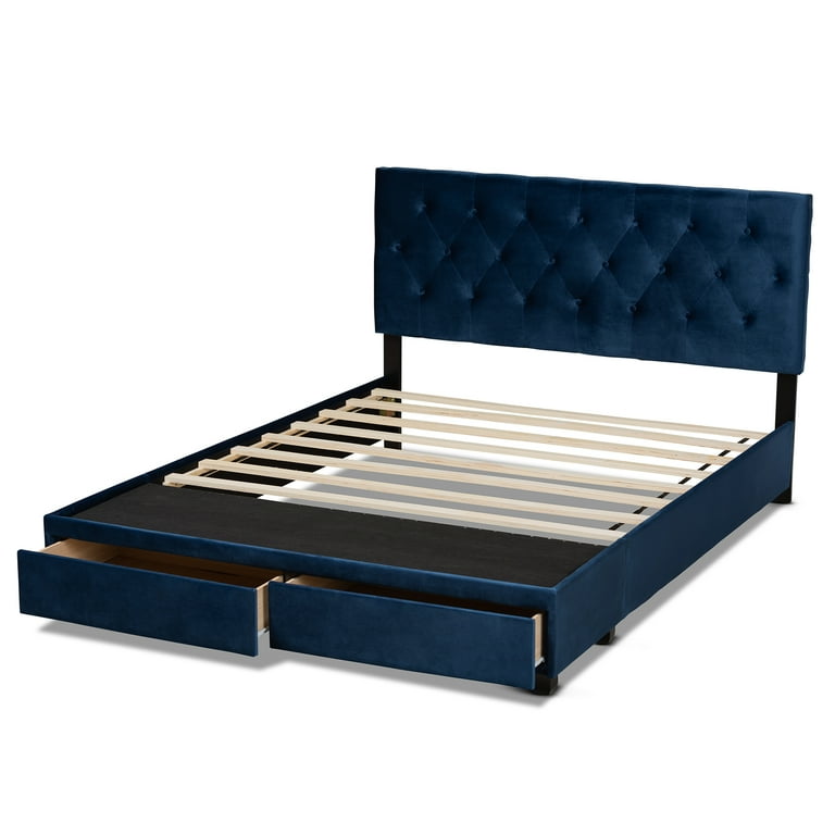 Baxton Studio Caronia Modern and Contemporary Navy Blue Velvet Fabric Upholstered 2-Drawer Queen Size Platform Storage Bed Baxton Studio Caronia Modern and Contemporary Navy Blue Velvet Fabric Upholstered 2-Drawer Queen Size Platform Storage Bed