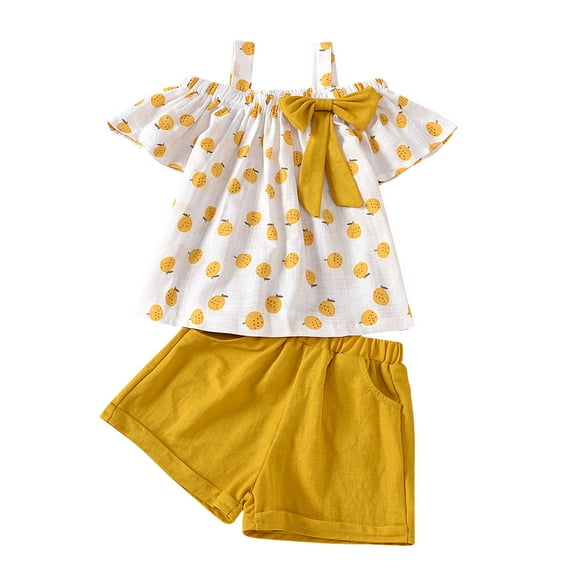 Toddler Girls Summer Outfits Short Sleeve Fruit Prints Bow Tie Tops And Shorts 2Pcs Summer Outfits&Set Clothing Set,Size 4 Years-5 Years