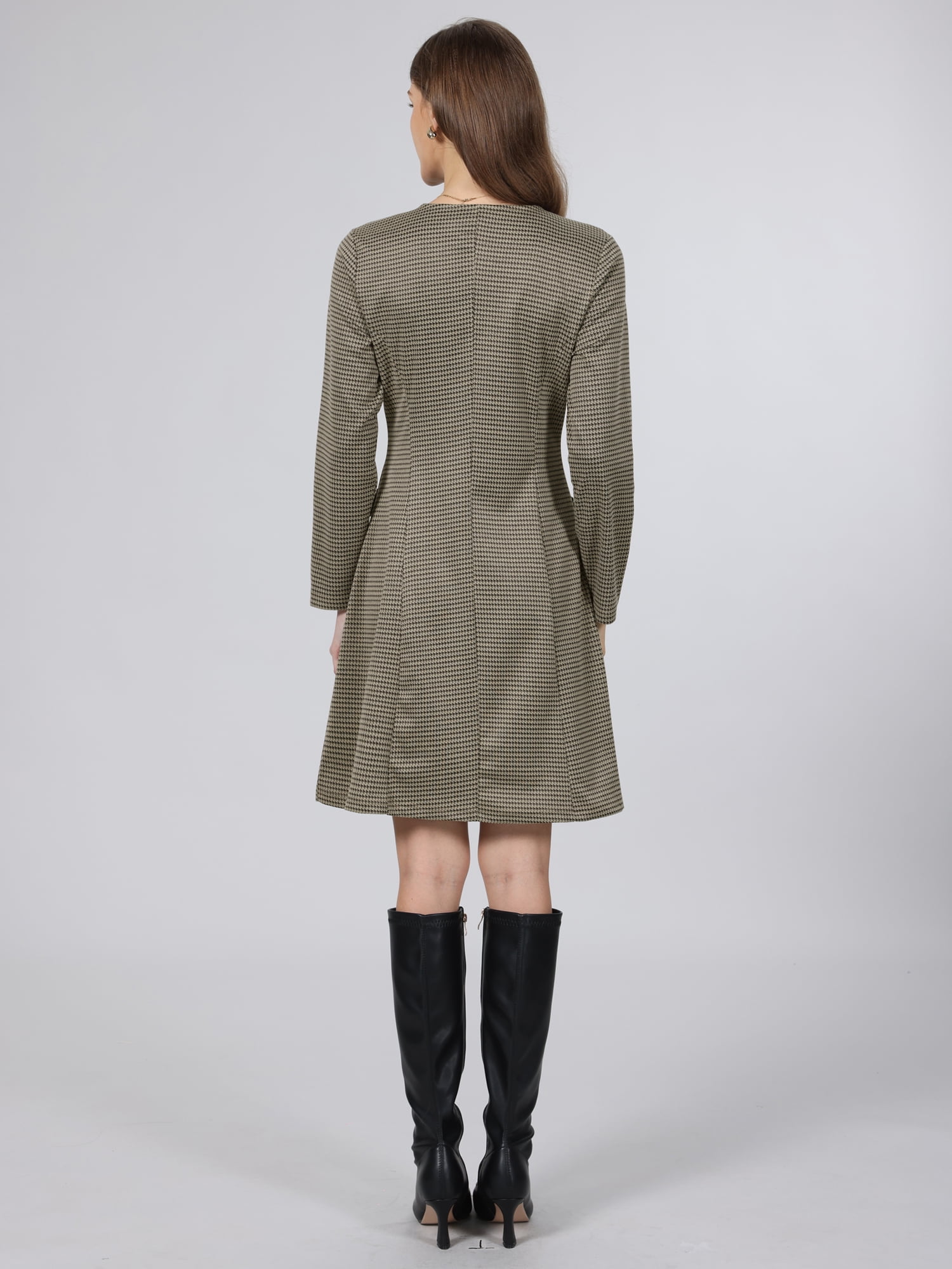 DARING DIVA Women's Houndstooth Plaid Long Sleeve Button Down Dress S Brown