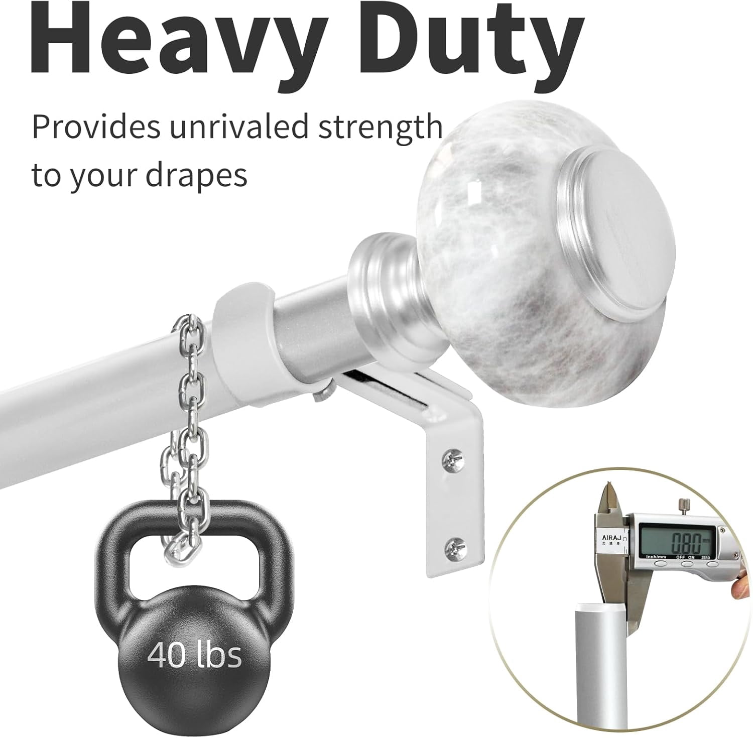 Silver Curtain Rod for Windows 36 To 88 Inches (3-7.3ft): 1 Inch Diameter Adjustable Curtain Rod - Heavy Duty Silver Curtain Rod with Marble Grain Finials