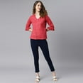 thumbnail image 3 of Janasya Indian V-Neck 3/4 Sleeve Checkered Red Cotton Top For Women, 3 of 8