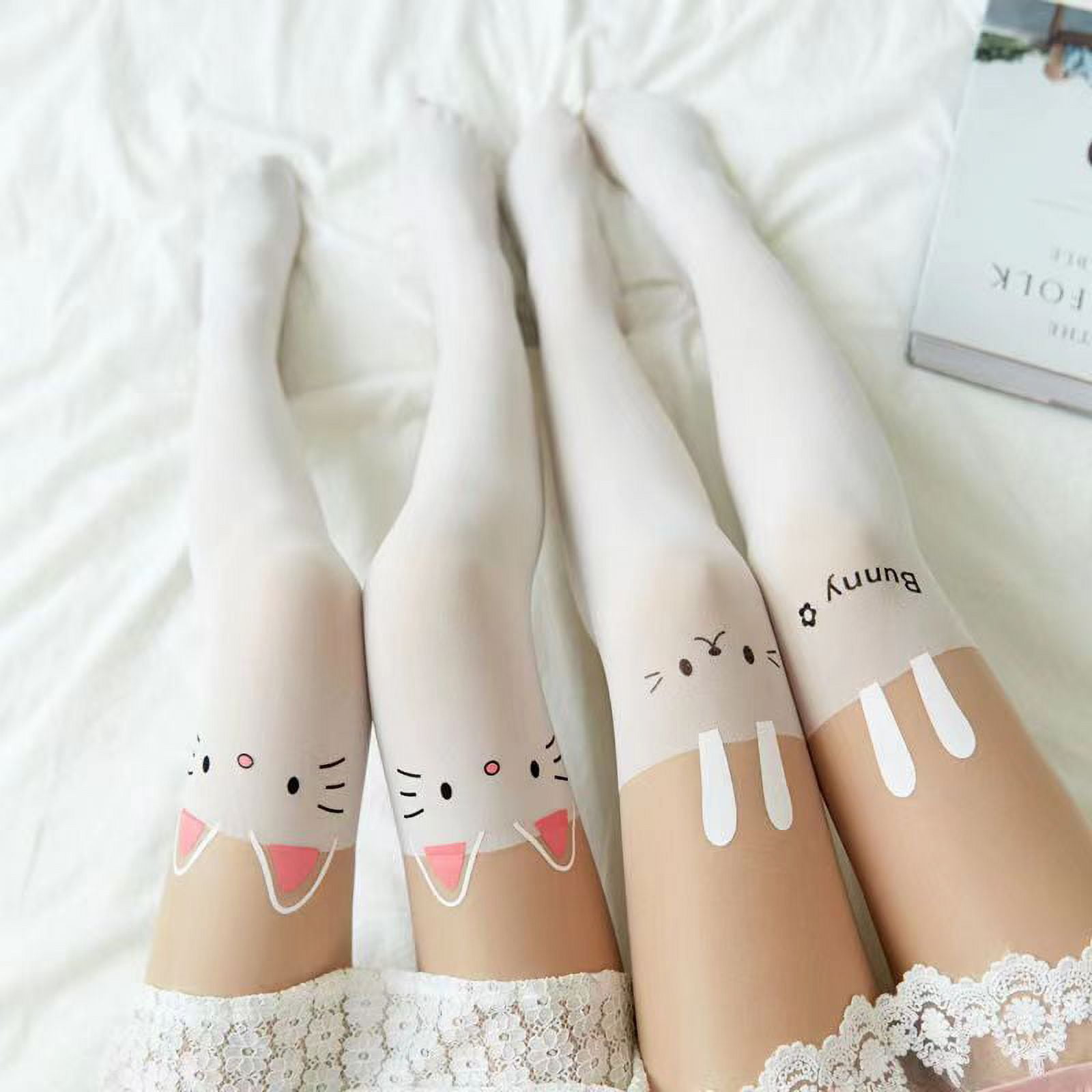 Japanese White Stitching One Piece Socks Hello Kitty Long Bottoming  Stockings Warm Tights Stockings Women