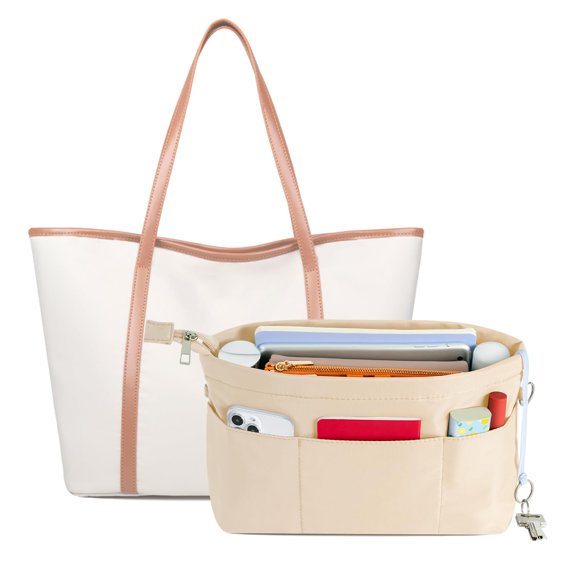 VANCORE Purse Organizer Insert for Handbags - Nylon Tote Bag Organizer Insert with Zipper for Women, 13 Pockets, Beige