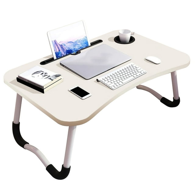Escritorio portátil para niños con portavasos, tablero de densidad, mesa de cama plegable para dormitorio, color blanco