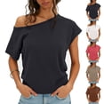 thumbnail image 3 of Craaazy Womens Short Sleeve Shirts Plus Size Loose Fit Solid Color Asymmetrical Neck Off The Shoulder Tops for Casual Summer, 3 of 9