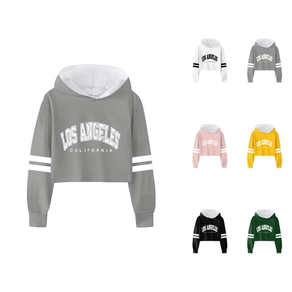Girls Cropped Hoodies Fashion Long Sleeve Los Angeles Graphic Hooded Sweatshirt Kids Pullover Tops
