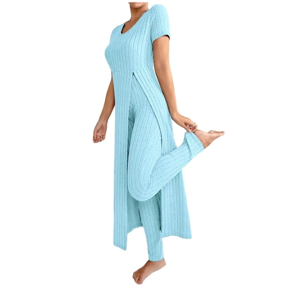 QIbmong Pajamas for Women Set 2 Piece Knit Ribbed Pjs Sets Short Sleeve Crew Neck Slit Tops and Elastic Pants Women's Sleepwear Outfits(XL,Sky Blue)