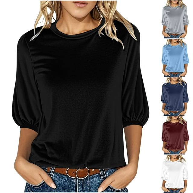 QATAINLAV Tuniques en Velours à Col Rond pour Femmes, Mode, Courtes, Manches Lanterne 3/4, Hauts d'Automne, Chandail Blouse Unie, Décontractée, Vêtements de Bureau, Bleu Marine, M
