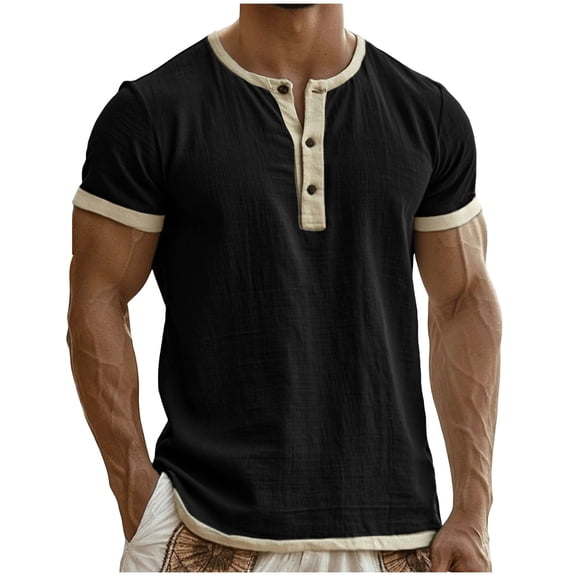 Mens Linen Shirt Sevevn Men's Henley Short Sleeve Tops Contrast Trim Casual Summer Shirts Black 2XL