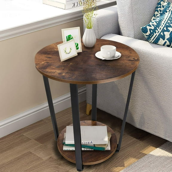 Small Round 2 Tier Wooden Side End Table for Small Spaces Bedroom Living Room Accent Tables Nightstand 22 Inch Height, Brown and Black Frame
