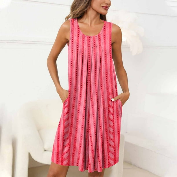 Camisón de mujer con estampado y bolsillos, sin mangas, plisado, cuello redondo