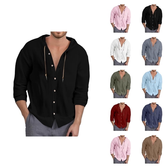Cotton Linen Hooded Shirts for Men Long Sleeve Lightweight Button Down Cardigan Shirts with Hood and Drawstring