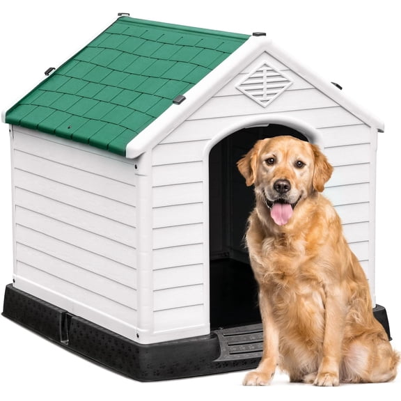 HarmonyStrings  Plastic Dog House, Waterproof Indoor Outdoor Doghouse for Large or Small Dog, with Air Vents and Elevated Floor, Easy Assemble and Clean-Green 41''L*38''W*39''H