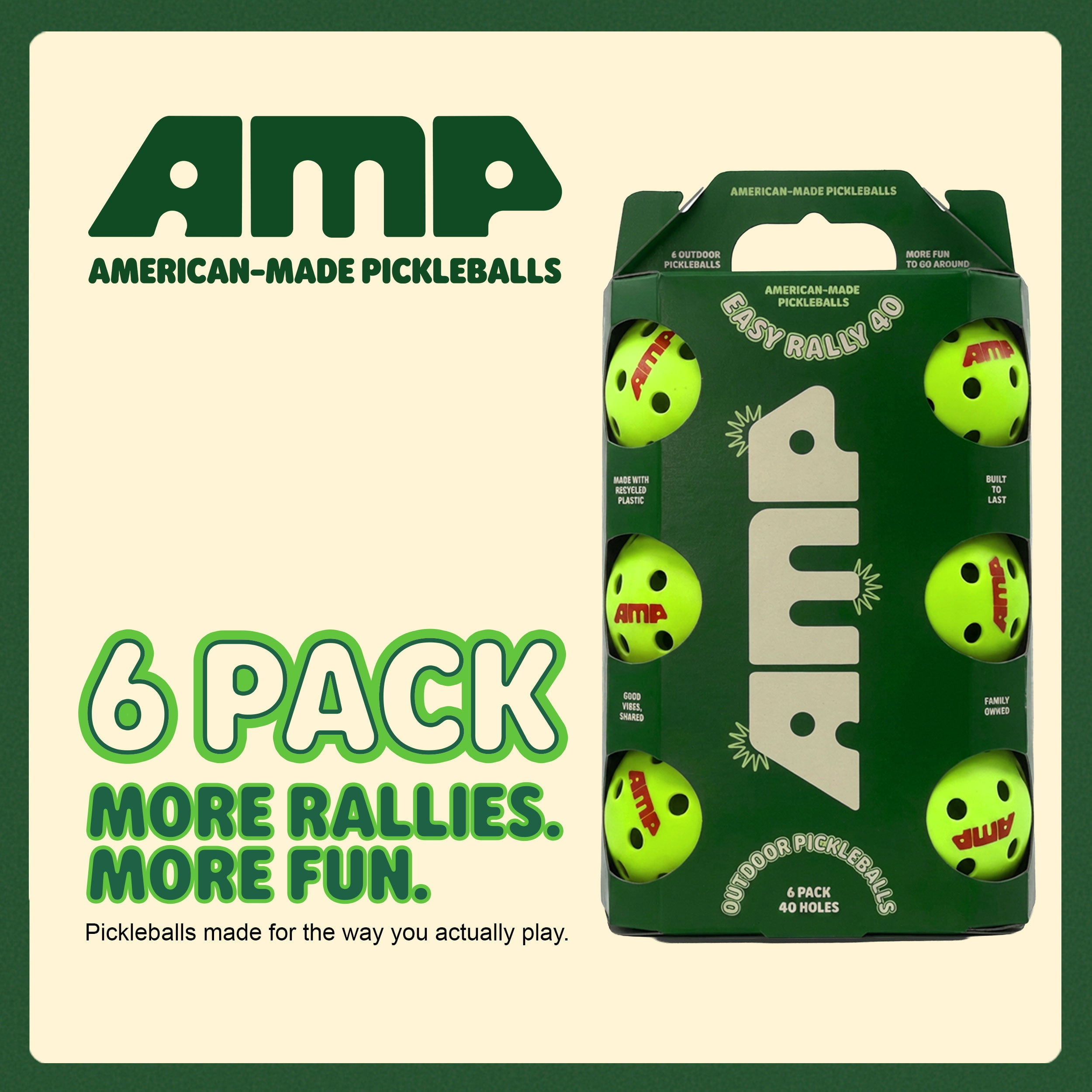 AMP Easy Rally 40 Outdoor Pickleballs, 6 Pack, 40-Hole, Neon Yellow-Green
