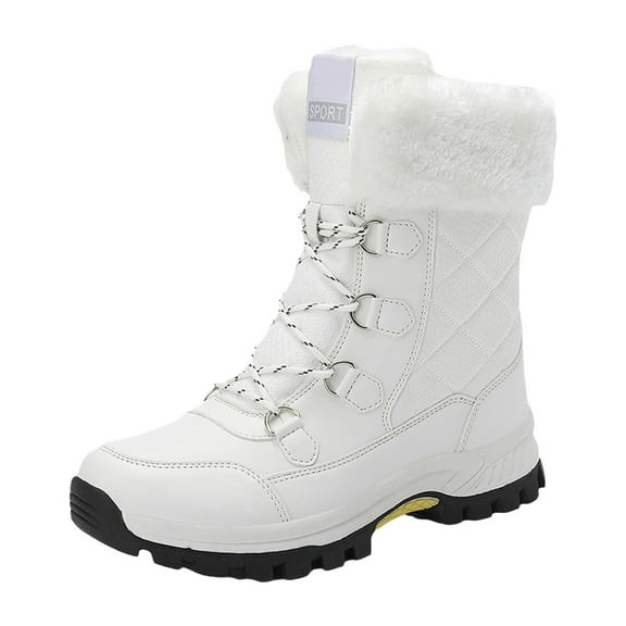 Womens Warm Furry Lined Mid Calf Boots Waterproof Winter Snow Boots Non Slip Lace Up Wide Width Combat Boots White 10