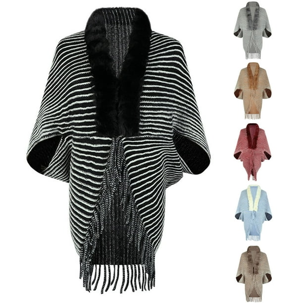 rygai Womens Coats Women Knitted Coat Bohemian Bat Short Sleeves Tassels  Plush Neckline Striped Open Front Ladies Cardigan Shawl Cape Coat for Daily  Life 