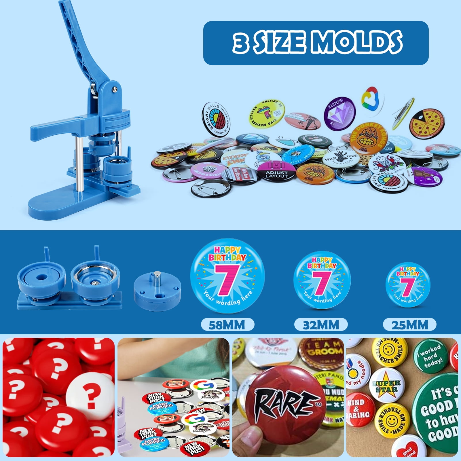 3 in 1 DIY Pin Button Maker Machine 25/32/58mm Badge Press Machine w/300pcs Parts+Cutting Mat，Blue