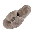 thumbnail image 2 of Women Fluffy Faux Fur Rhinestone Big Bow Open Toe Slide Slippers Khaki 7.5-8.5, 2 of 9