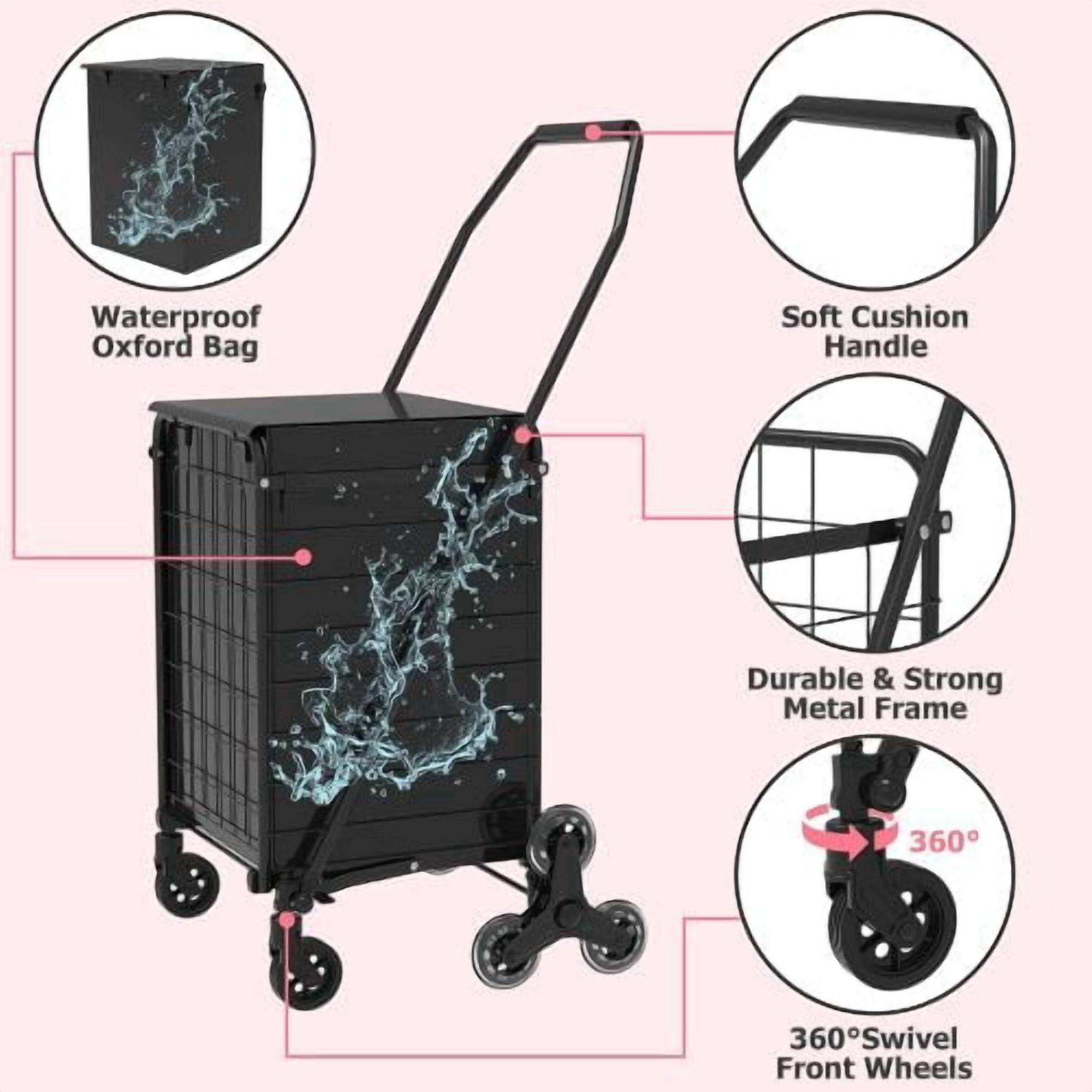 Stair Climbing Shopping Cart, Foldable Utility Cart with 360° Swivel Wheels, 120 lbs Capacity, 65L Storage for Groceries & Laundry