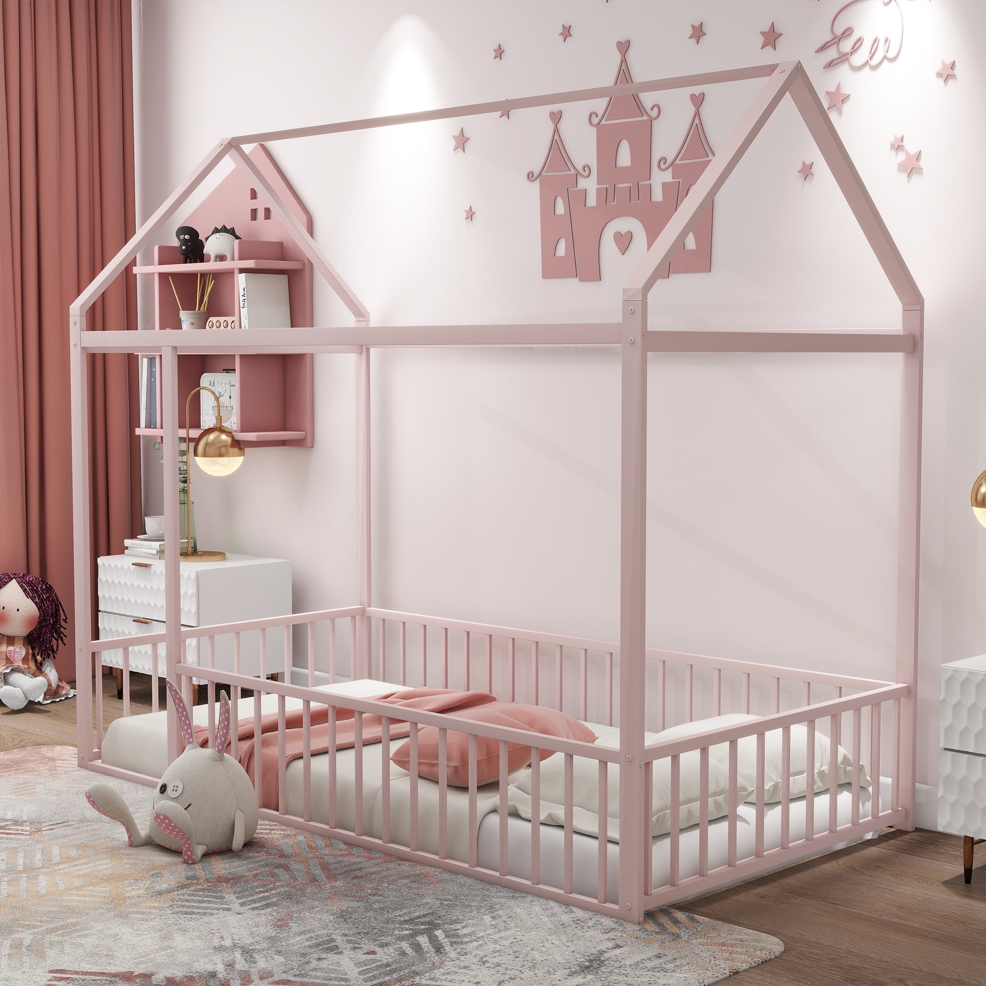 DEALTOPS Twin Size Metal House Bed with Fence, Montessori Floor Bed Frame for Kids, Pink