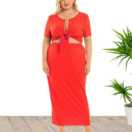 

Dress Saving Clearance! YOHOME Dresses for Women Women s Fashion Plus Size Solid Colour Sexy Chest Strap Two-Piece Top + Bustier Skirt Red XXXXXL