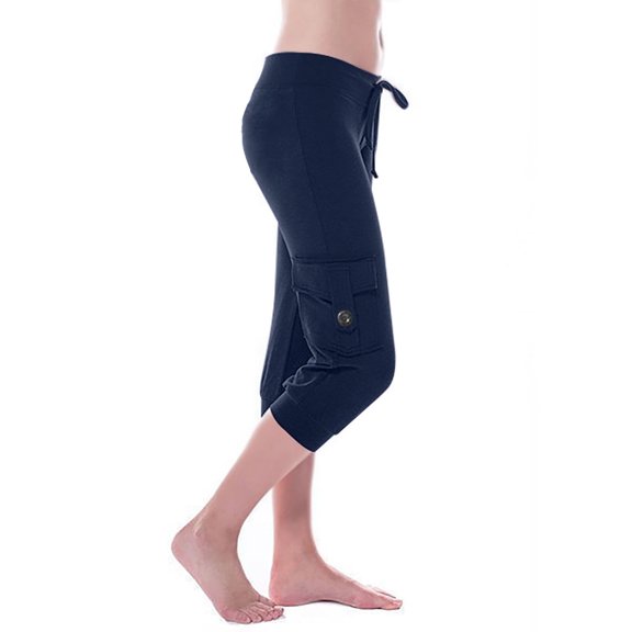 Mrat Wide Leg Pants for Women Women Workout out Leggings Stretch Waist Button Drawstring Yoga Gym Cropped Trousers with Pocket Trousers Pants S-3 Navy 3XL