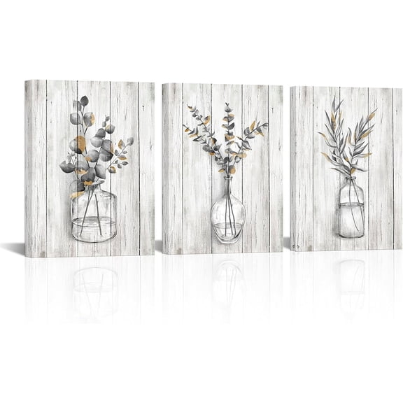 Hieng Grey Gold Wall Art Botanical Pictures Rustic Leaf Canvas Painting for Farmhouse Bathroom Wall Decor(only canvas)