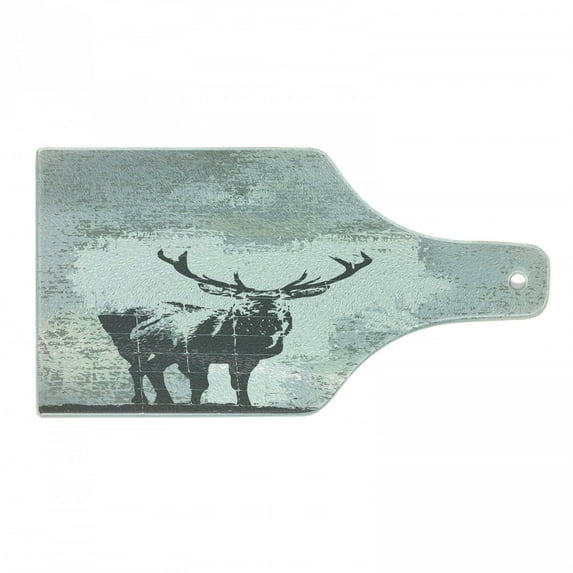 Antlers Cutting Board, Standing Stag Silhouette Grunge Style Background Shadow Monochromic Illustration, Tempered Glass Cutting and Serving Board, Wine Bottle Shape, Grey Black, by Ambesonne