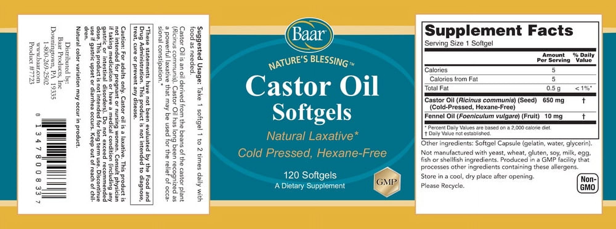 Baar Nature's Blessing Castor Oil Softgels with Fennel, 120 Softgels