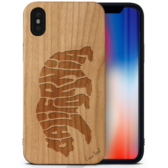 Case Yard Wooden Case Outside Soft TPU Silicone Slim Fit Shockproof Wood Protective Phone Cover for Girls Boys Men and Women Supports Wireless Charging California Bear Letters Design case for iPhone-X