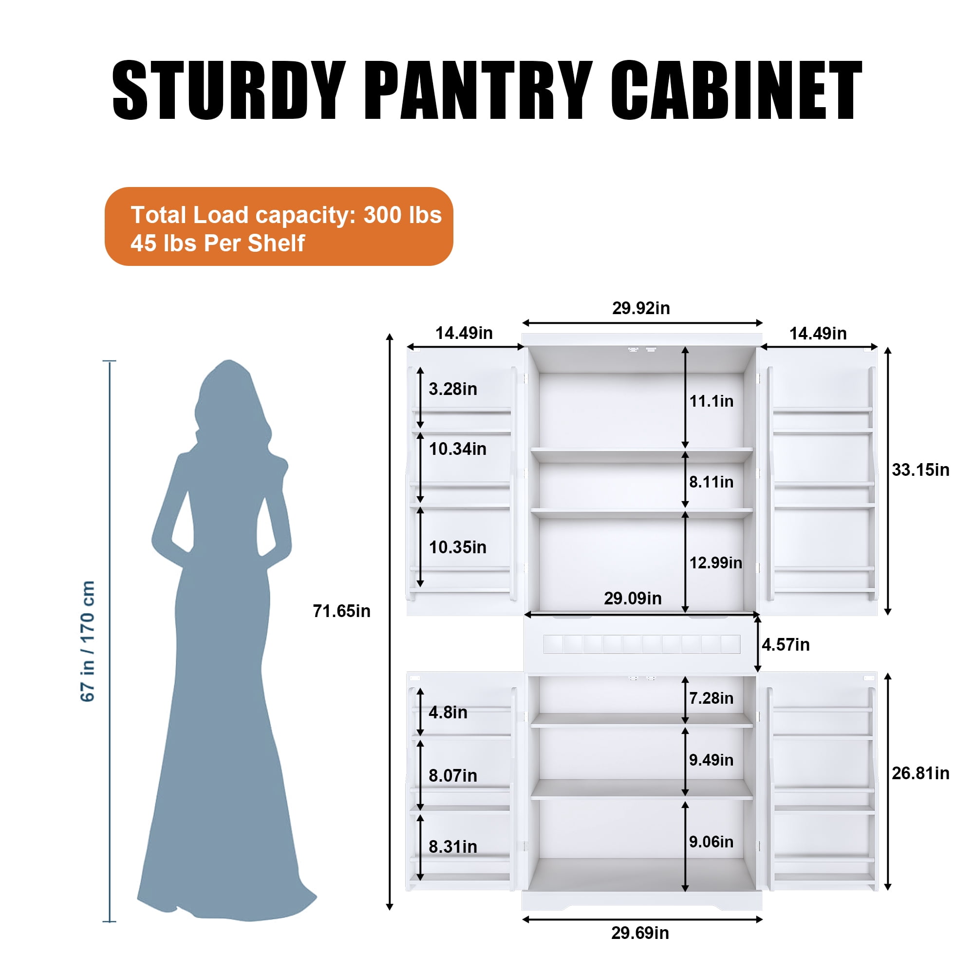 Pantry Cabinet, 71.65" Tall Storage Cabinet with Drawer, 2 Cabinets & 6 Door Shelves, Adjustable Shelves, Freestanding Cupboard for Kitchen, Living Room, Bathroom