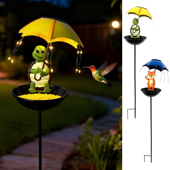KOYPTL Solar Bird Feeder with LED Lights,Iron Frog with Umbrella for Garden Decor,Hummingbird Feeder Pathways Plug Lights for Outside Yard Decorations Outdoor Patio Lawn Flower Ornaments (Tortoise)