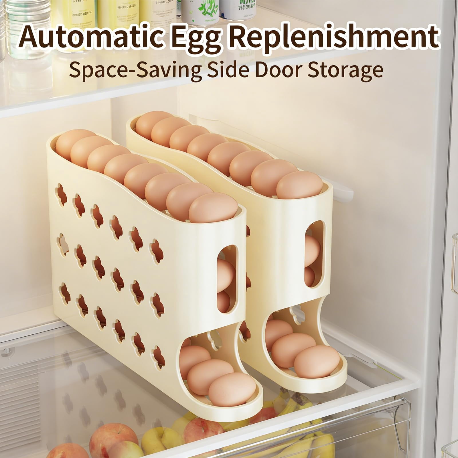 Egg Holder for Fridge, 2026 Eggs Dispenser Auto Rolling, No Assembly Required Easy Access, Save Refrigerator Space, And Prevent Egg from Breaking, Large Capacity / Holds 30 Eggs (Beige2PC)
