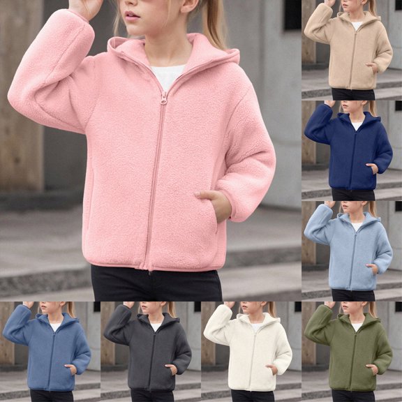 11-12 Years Teen Girls And Toddlers Polar Fleece Full Zip Hooded Lightweight Jacket Long Sleeve Hooded Sweatshirts Beige Hoodie