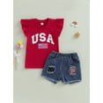 thumbnail image 2 of Bagilaanoe 4th of July Clothes for Toddler Baby Girls Fly Sleeve Letter Print T-Shirts Tops + Ripped DenimShorts 1T 2T 3T 4T 5T 6T Kids Independence Day Outfits 2pcs Short Pants Set, 2 of 7
