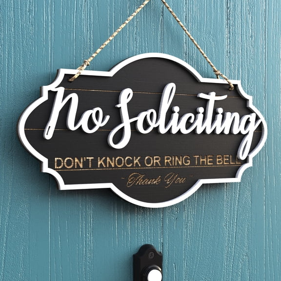 13"x7" No Soliciting Sign for Front Door, Rustic Wooden Hanging Plaque for Business & Store, Embossed Letters, Bold & Effective Message to Keep Solicitors Away (Black)