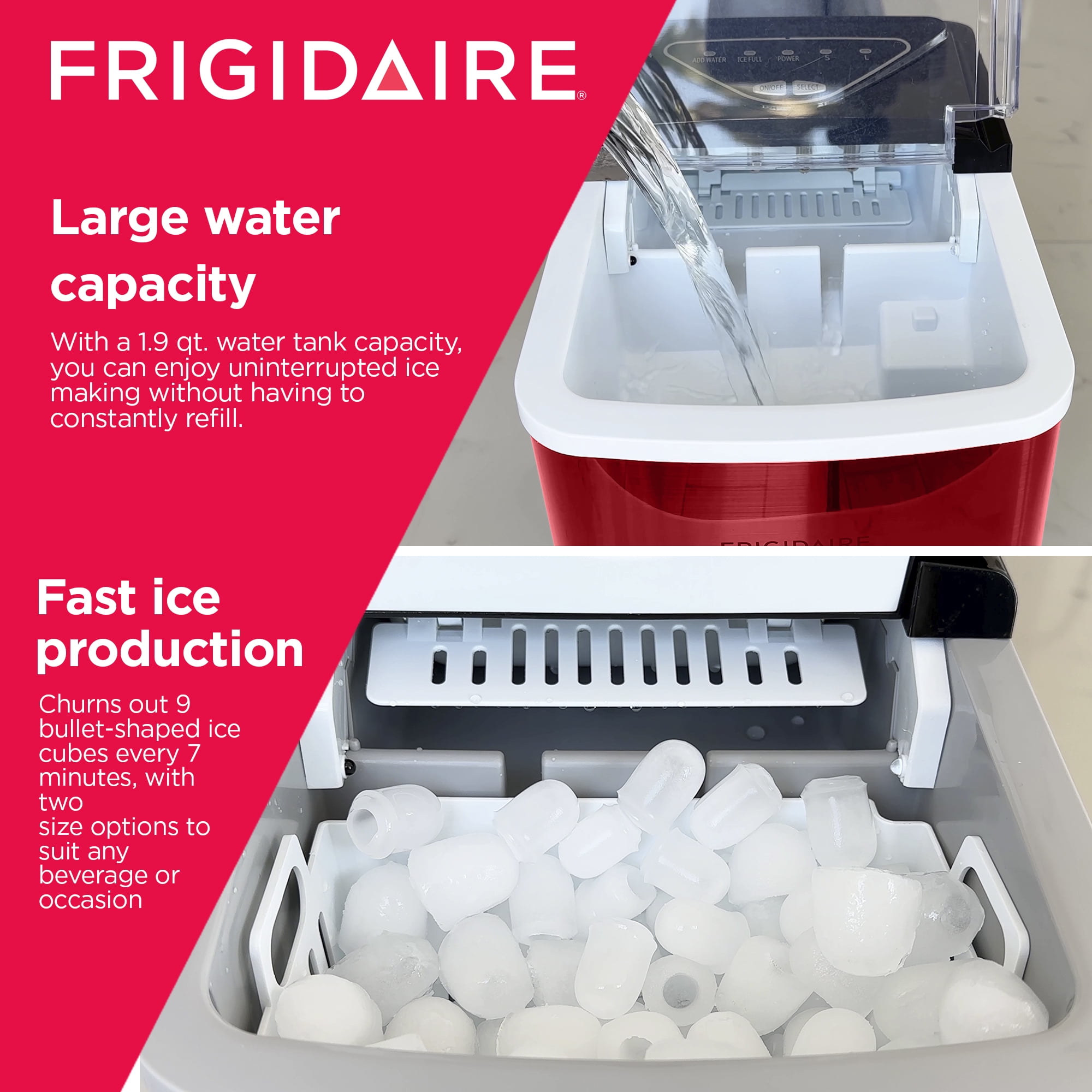 Frigidaire 26 Lbs. Countertop Ice Maker, Bullet Shaped Ice, Red Stainless Steel