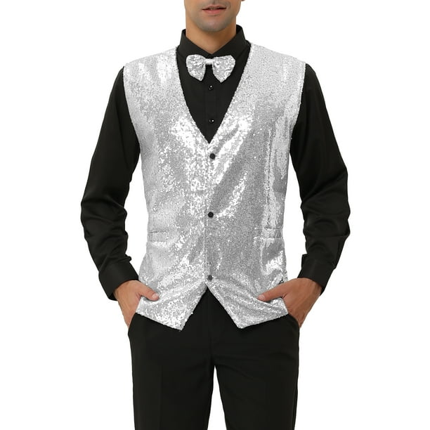 Conjunto de chaleco de lentejuelas brillantes INSPIRE CHIC para hombres con corbata de moño L Plata