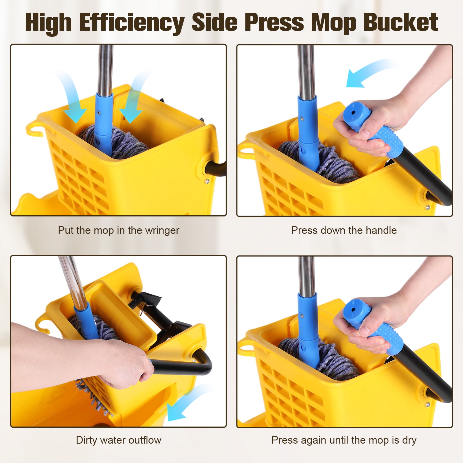 golytefs 24L Mop Water Squeezer with Wheels Plastic Bucket Mop Wringer for Hotel Cleaning