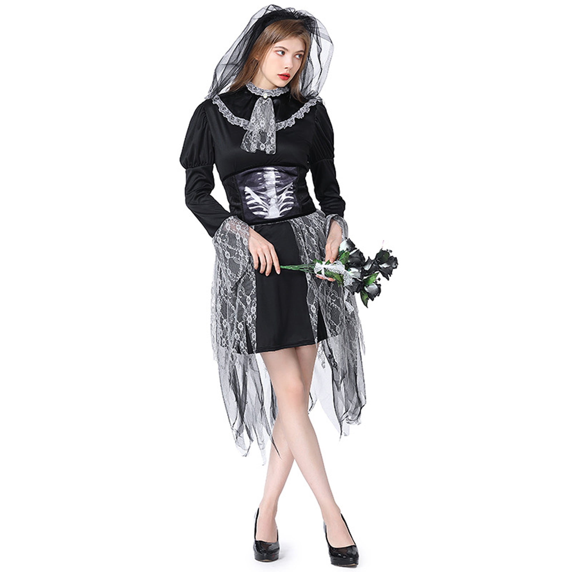 FAROOT Femmes Crane Mariee Costume Robe de Mariee Squelette avec des Couvre Chefs Voile Halloween Costumes Walmart