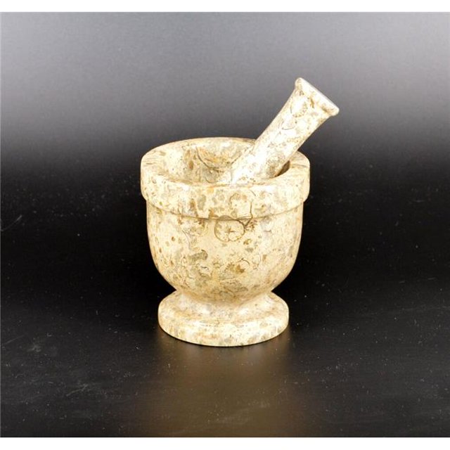4 in. Traditional Style Mortar & Pestle Set, Fossil Stone