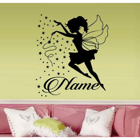 Fairy Wand with Stars ( Custom Name ) Wall Decal 22" x 22" Black